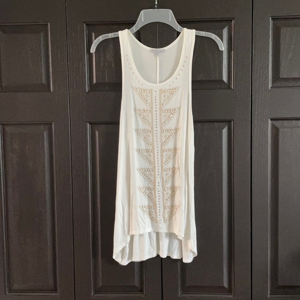 White tank top with gold beaded design